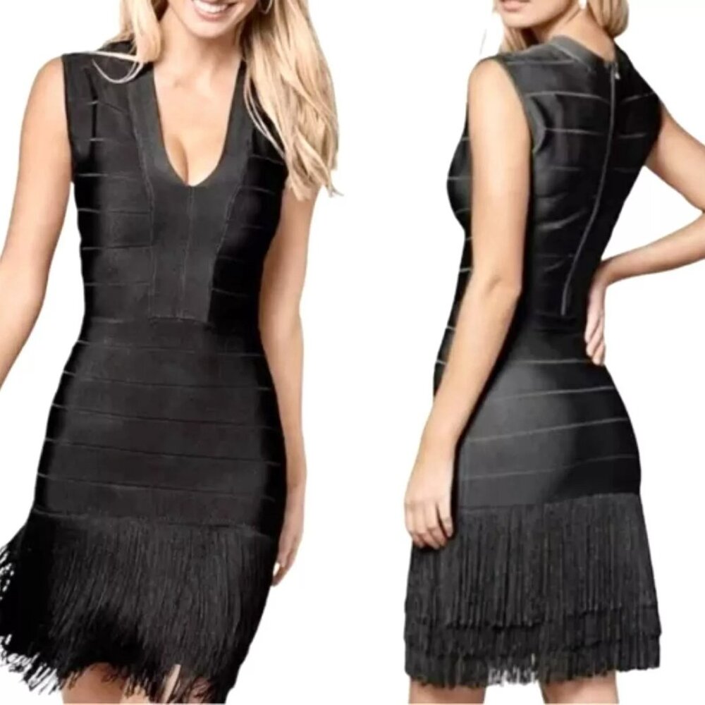 Venus Bandage Bodycon Fringe Dress Black Sz 8 Exposed Zipper
